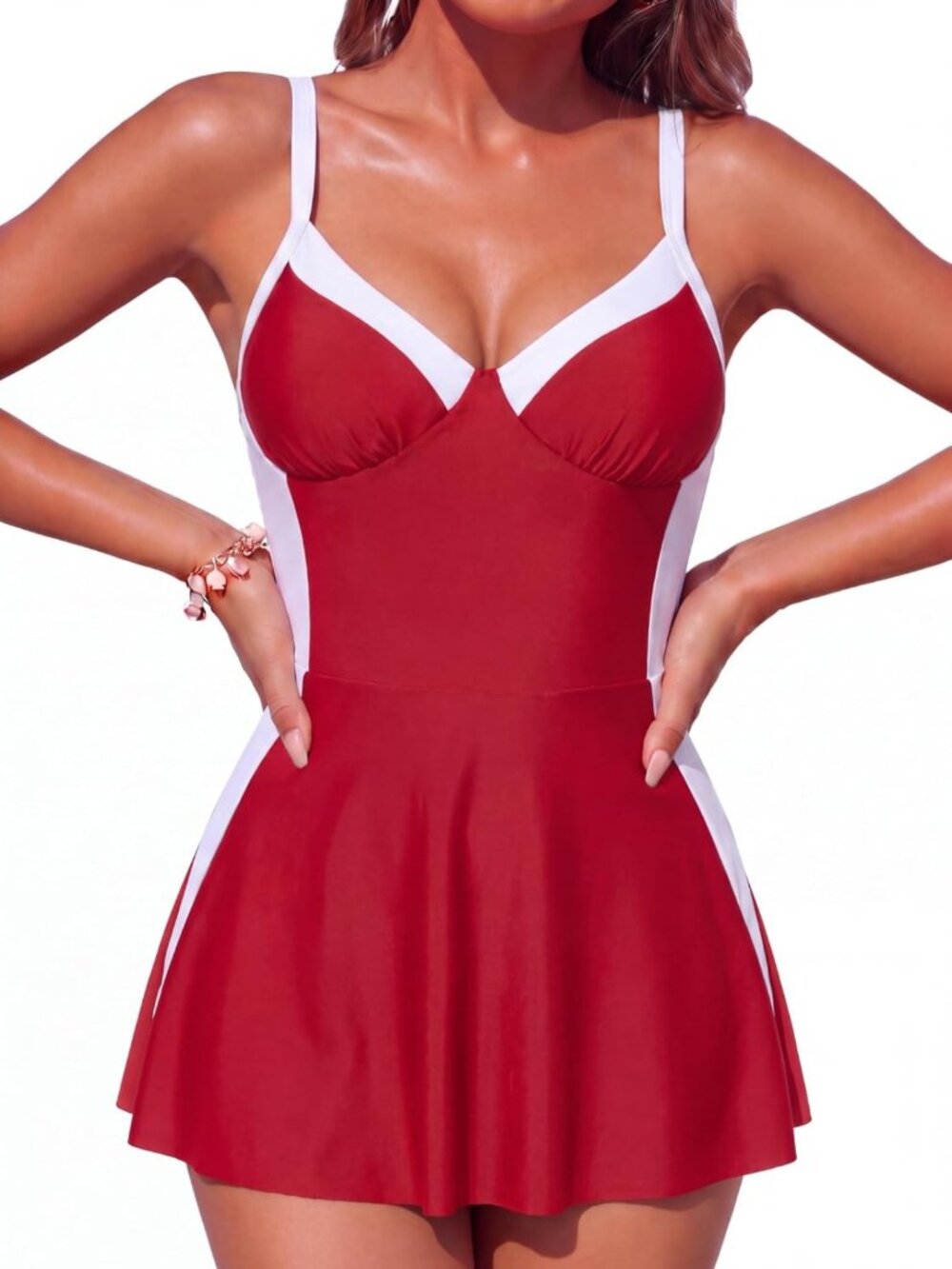 Color Block One Piece Swim Dress - Tummy Control Retro Modest Bathing Suit